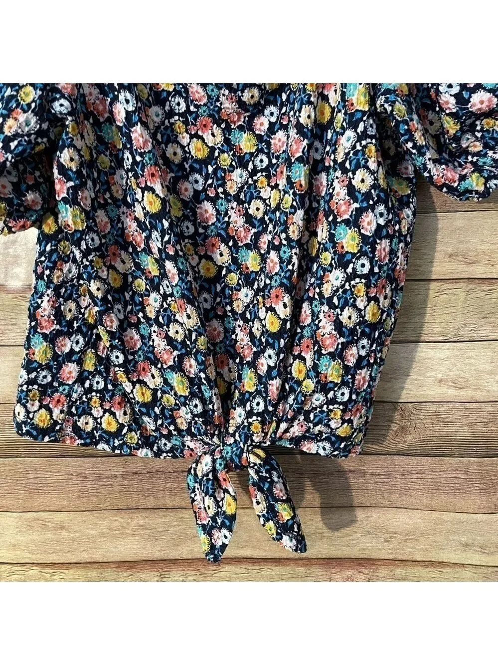Loft Womens Floral Print Textures Square Neck Puff Sleeve Front Tie Top Size M